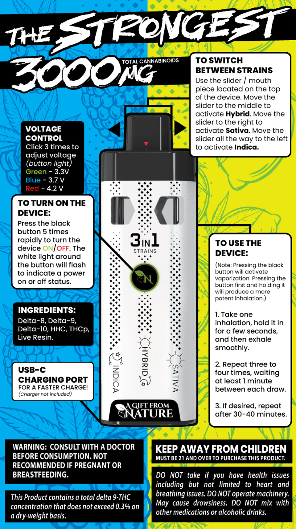 THE STRONGEST - SUPER BLEND THC 3000MG -LEMONADE/BLUE RAGE- 3IN1 - Sativa - Hybrid - Indica