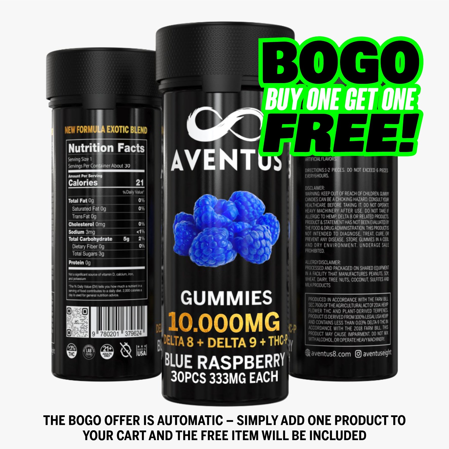 10000mg AVENTUS8 GUMMIES BLUE RASPBERRY DELTA 8 + DELTA 9 + THC-P STRO