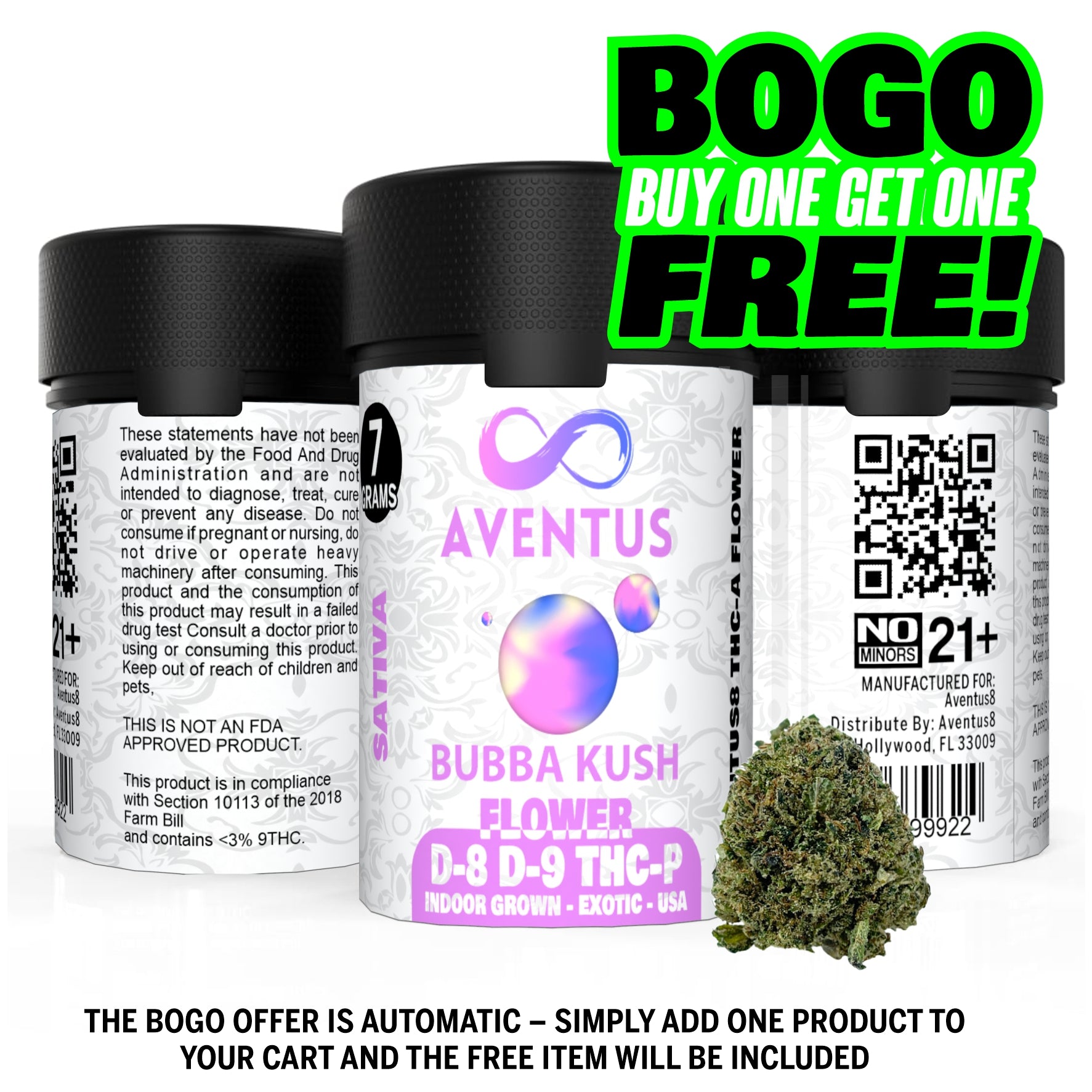 AVENTUS8 FLOWER D-8 D-9 THC-P BLEND Bubba Kush 7g
