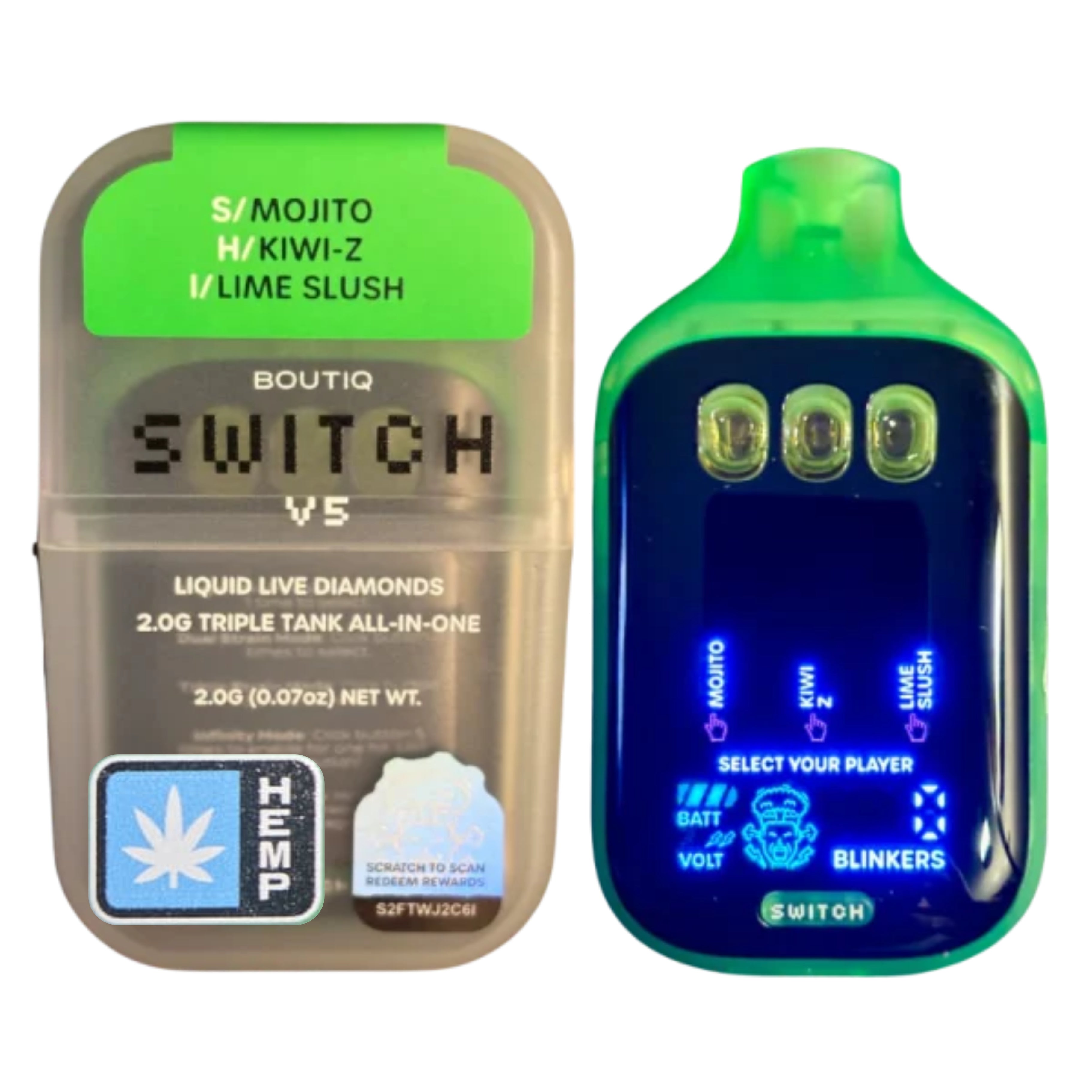 Boutiq Switch V5 2G DISPOSABLE – Mojito (Sativa) X Kiwi Z (Hybrid) X Lime Slush (Indica)
