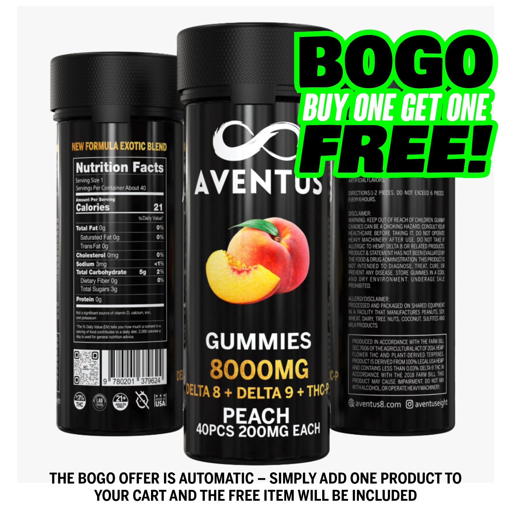 8000mg AVENTUS8 GUMMIES PEACH DELTA 8 + DELTA 9 + THC-P STRONG EXOTIC BLEND