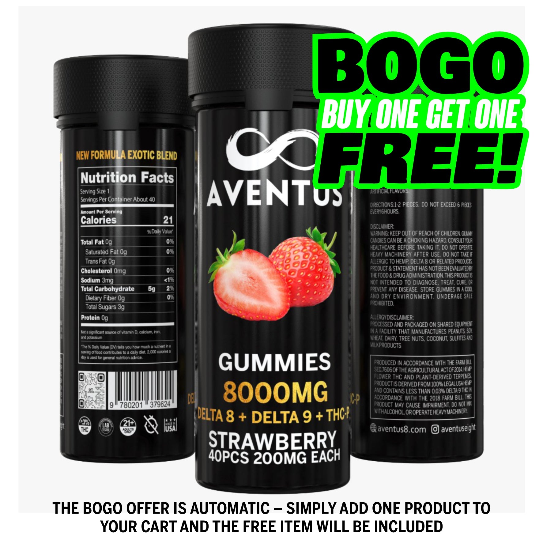 8000mg AVENTUS8 GUMMIES STRAWBERRY DELTA 8 + DELTA 9 + THC-P STRONG EXOTIC BLEND