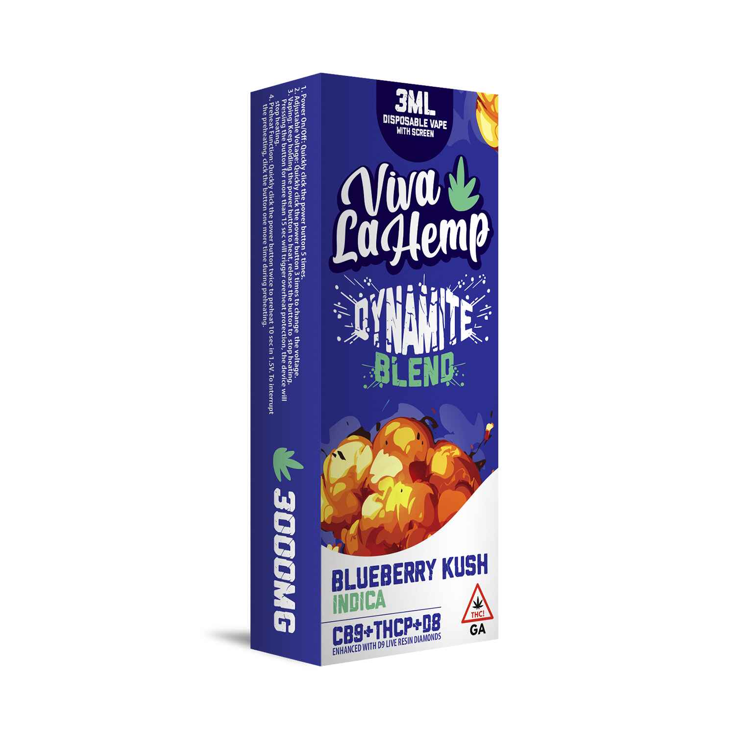 Viva La Hemp 3ML Disposable Vape – Dynamite Blend 3000mg - Blueberry Kush - Indica