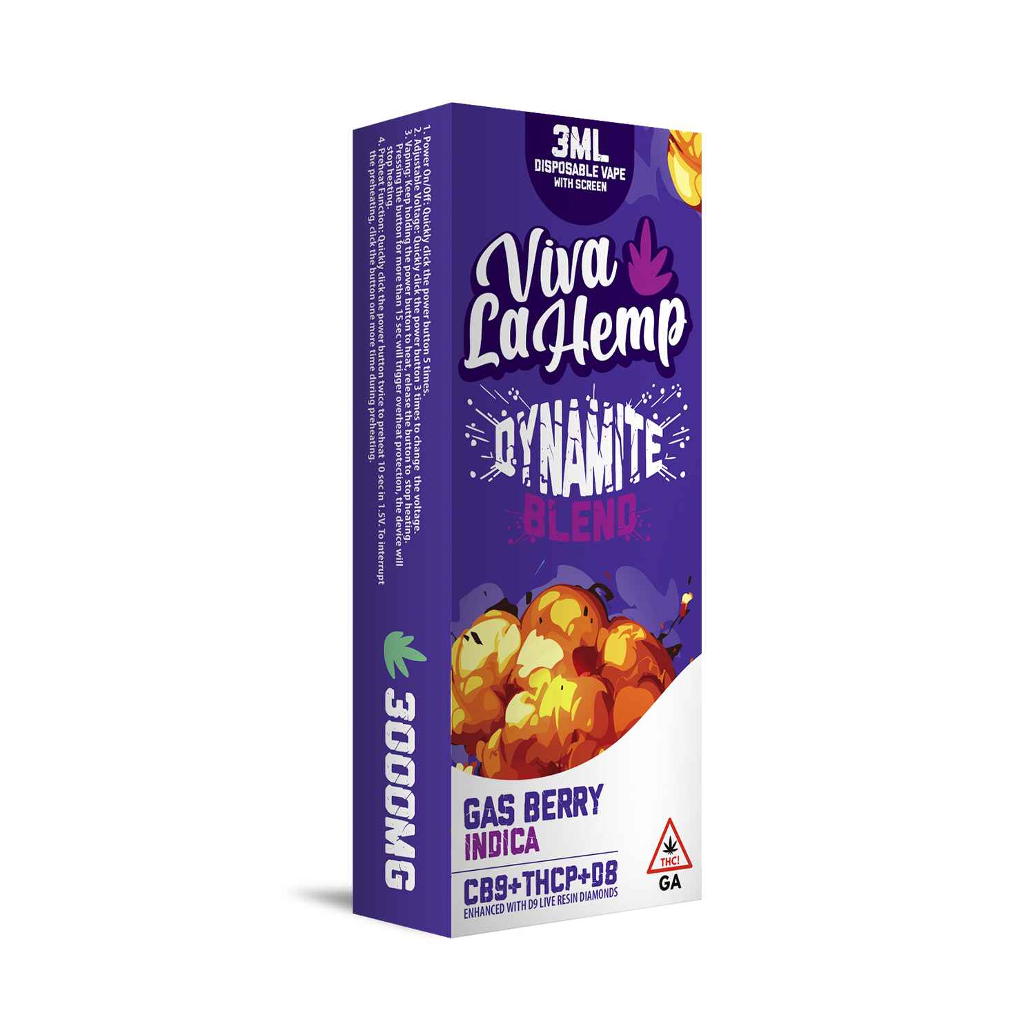 Viva La Hemp 3ML Disposable Vape – Dynamite Blend 3000mg -Gas Berry - Indica