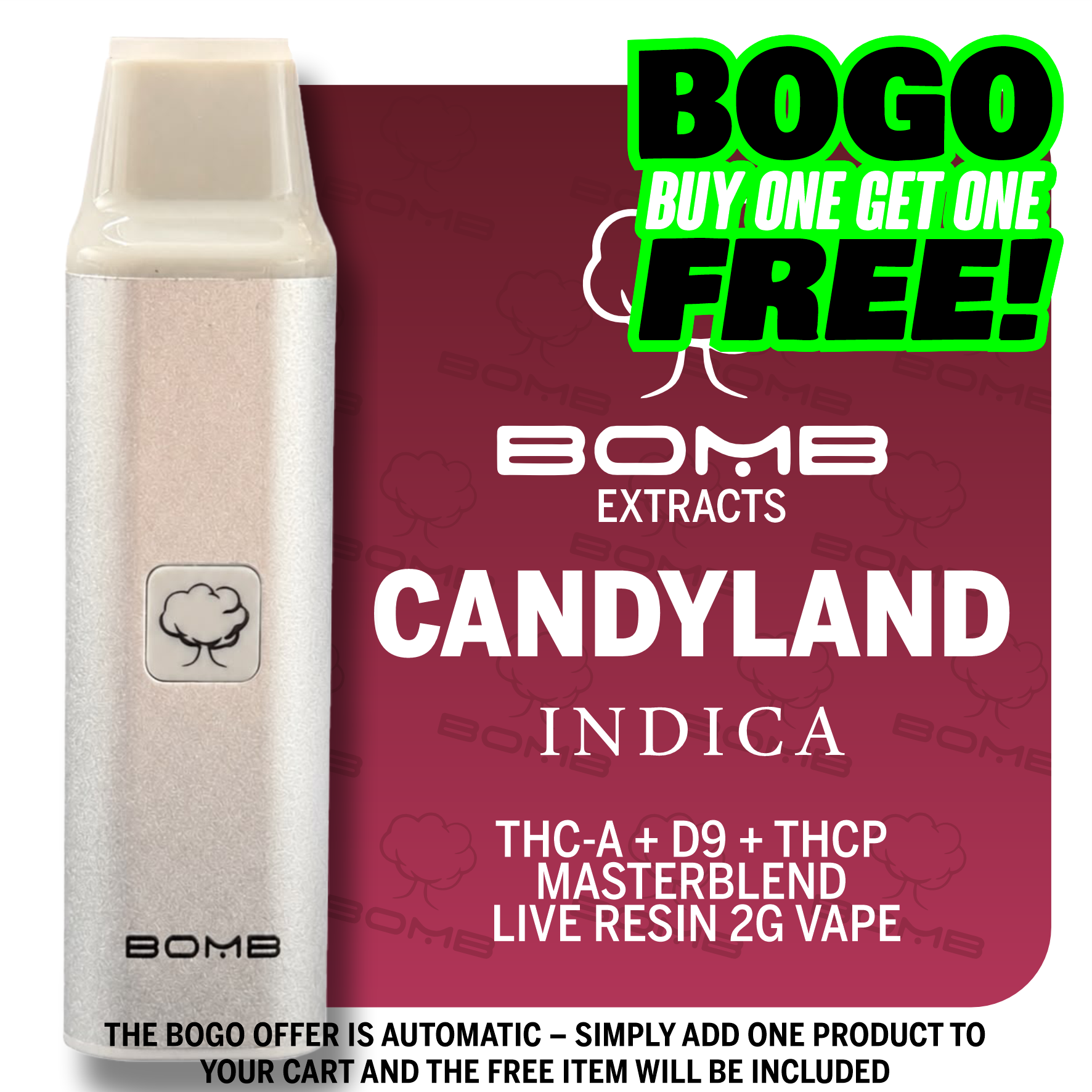 BOMB EXTRACTS THC-A + D9 + THCP MASTERBLEND LIVE RESIN 2G VAPE CANDYLAND - INDICA