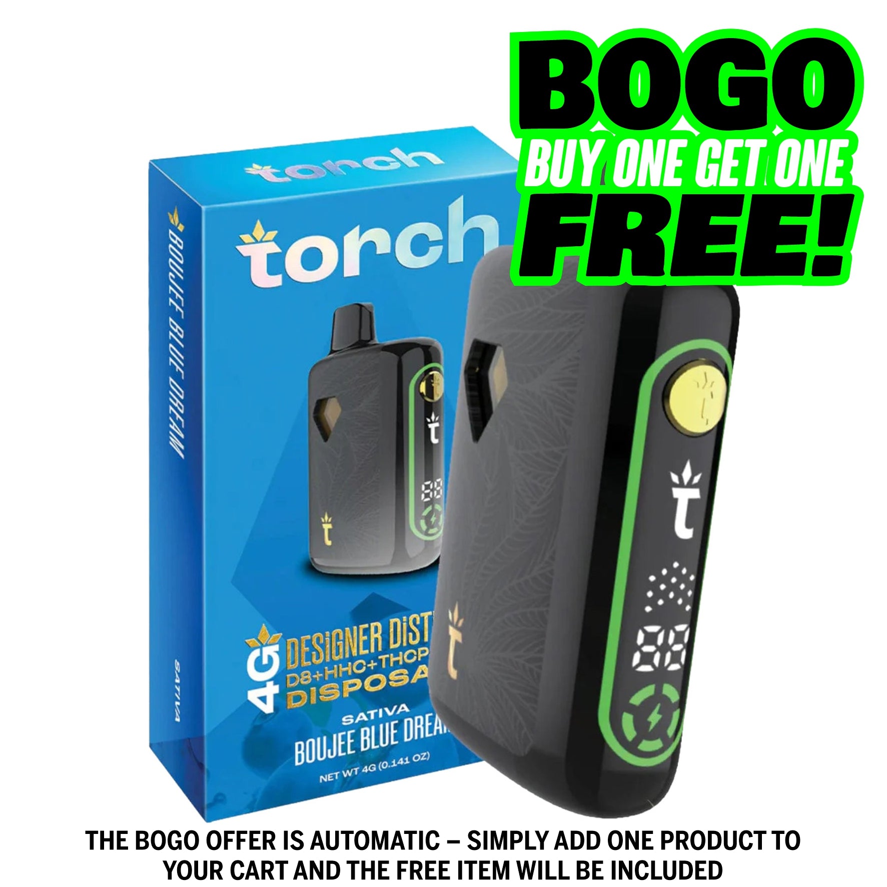 BOGO random flavor selection Torch 4g Designer Distillate Vape - Boujee Blue Dream - Sativa