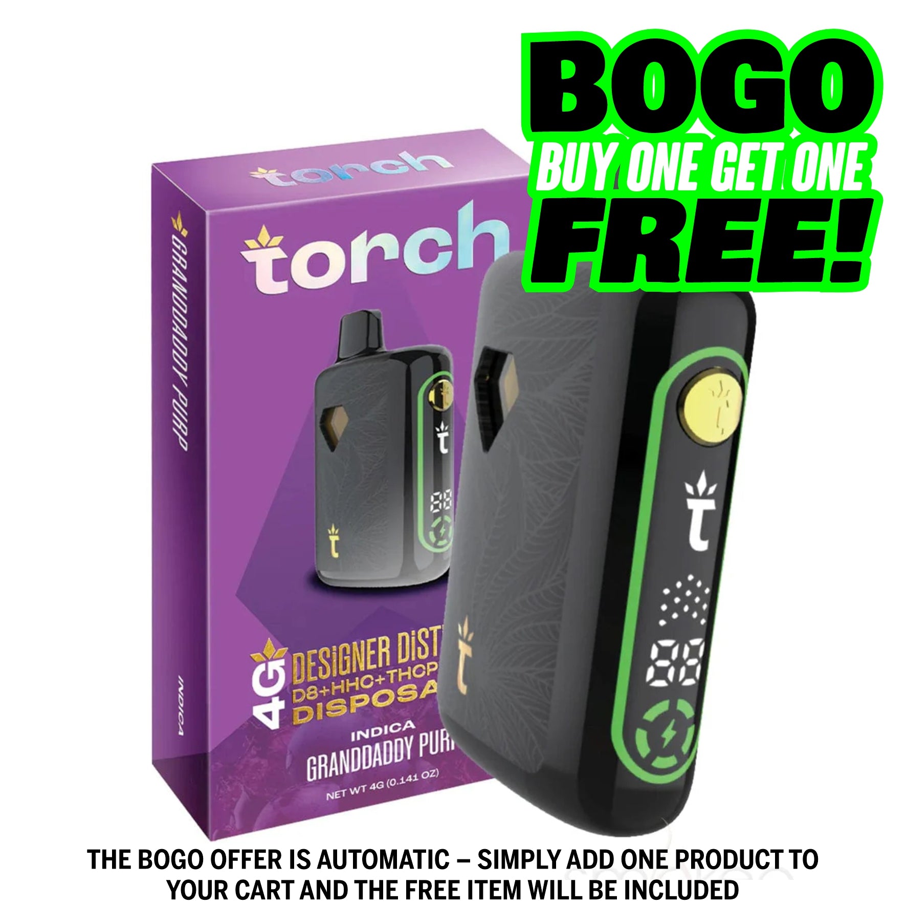 BOGO random flavor selection Torch 4g Designer Distillate Vape - Granddaddy Purp - Indica