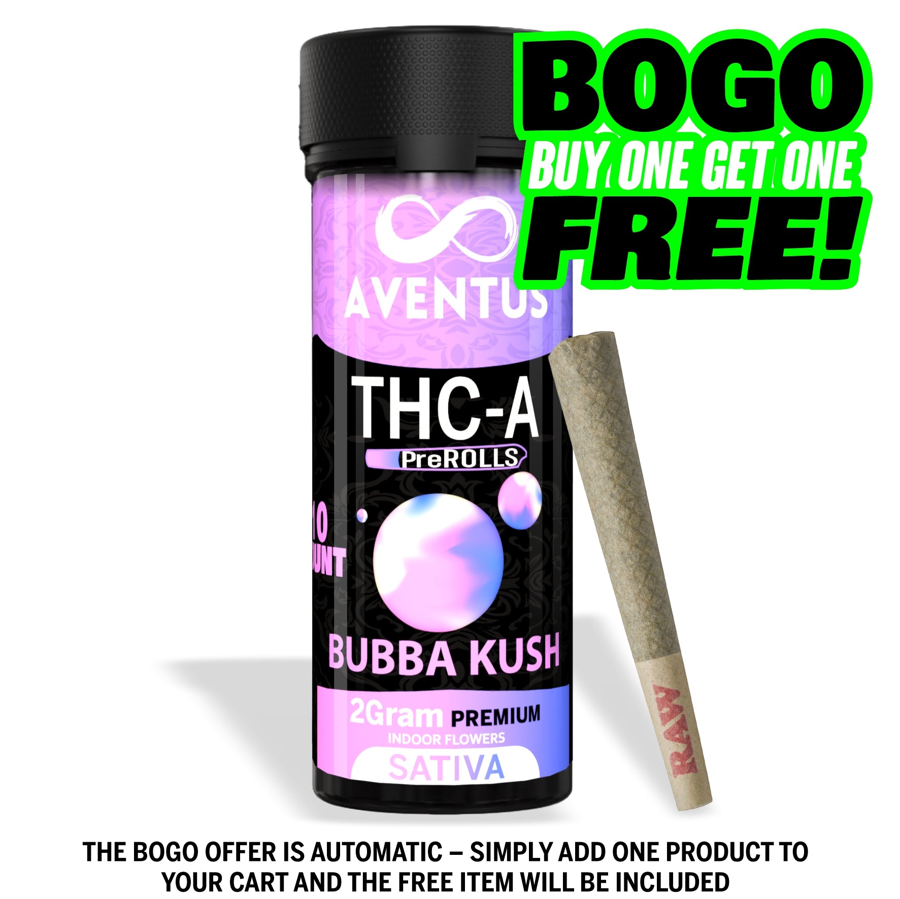 THC-A pre-rolls Jar of 10 x 2G Bubba Kush SATIVA