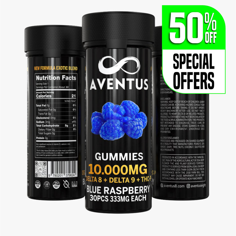 10000mg AVENTUS8 GUMMIES BLUE RASPBERRY DELTA 8 + DELTA 9 + THC-P  STRONG EXOTIC BLEND