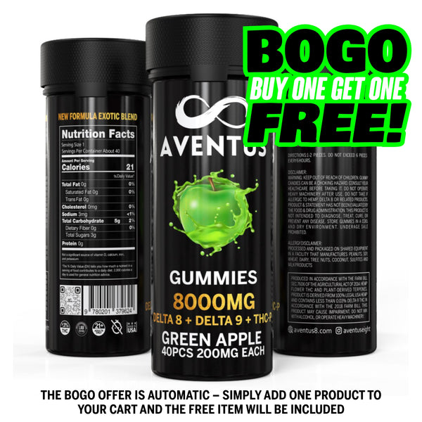 8000mg AVENTUS8 GUMMIES GREEN APPLE DELTA 8 + DELTA 9 + THC-P  STRONG EXOTIC BLEND
