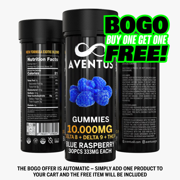 10.000mg AVENTUS8 GUMMIES BLUE RASPBERRY DELTA 8 + DELTA 9 + THC-P  STRONG EXOTIC BLEND