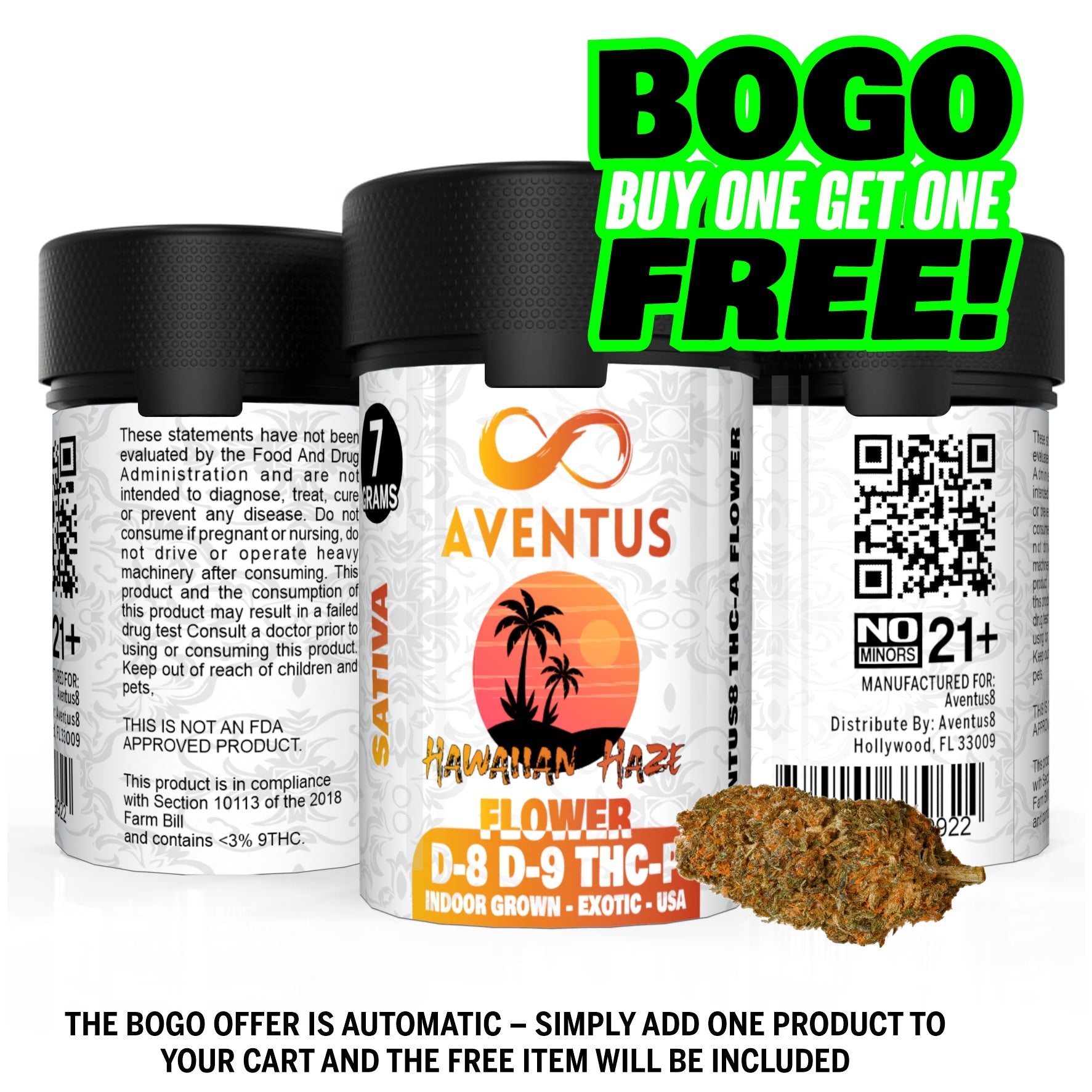 AVENTUS8 FLOWER D-8 D-9 THC-P THC-A BLEND Hawaiian Haze 7g
