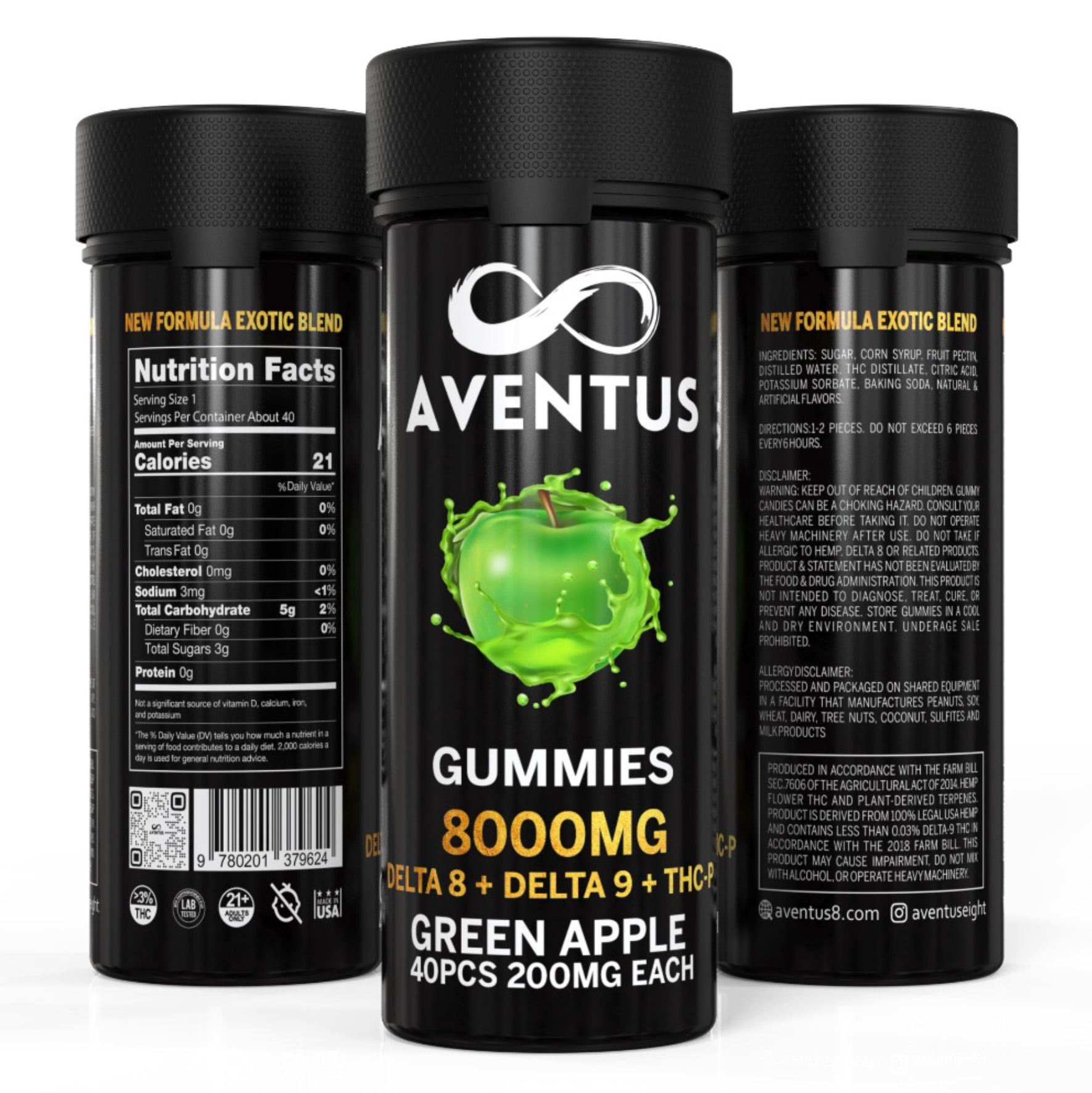 8000mg AVENTUS8 GUMMIES GREEN APPLE DELTA 8 + DELTA 9 + THC-P  STRONG EXOTIC BLEND
