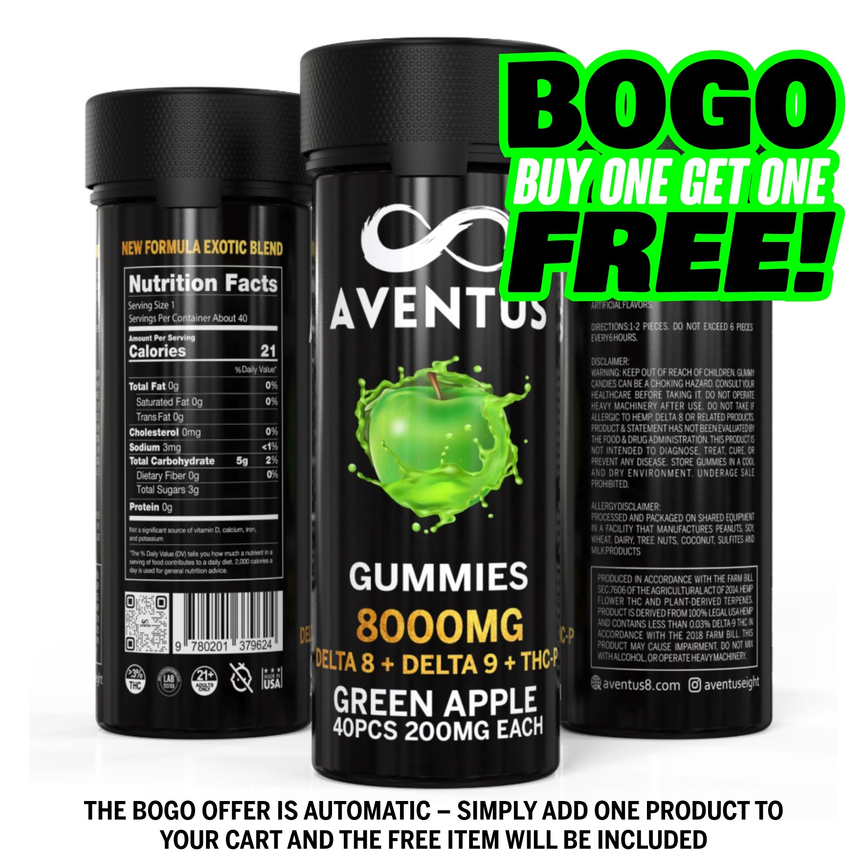 8000mg AVENTUS8 GUMMIES GREEN APPLE DELTA 8 + DELTA 9 + THC-P  STRONG EXOTIC BLEND