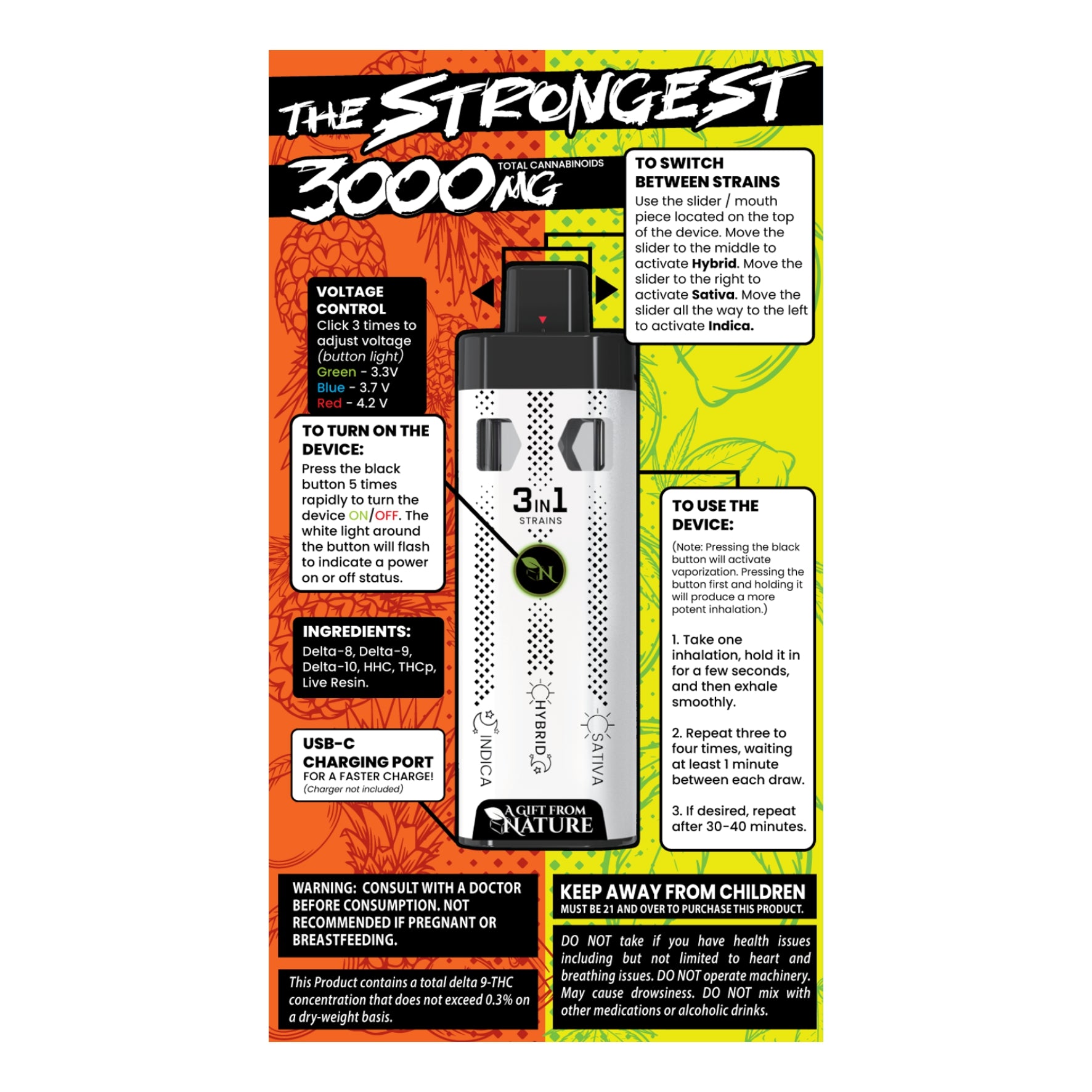 THE STRONGEST - SUPER BLEND THC 3000MG - LEMONADE/TROPIC THUNDER - 3IN1 - Sativa - Hybrid - Inica