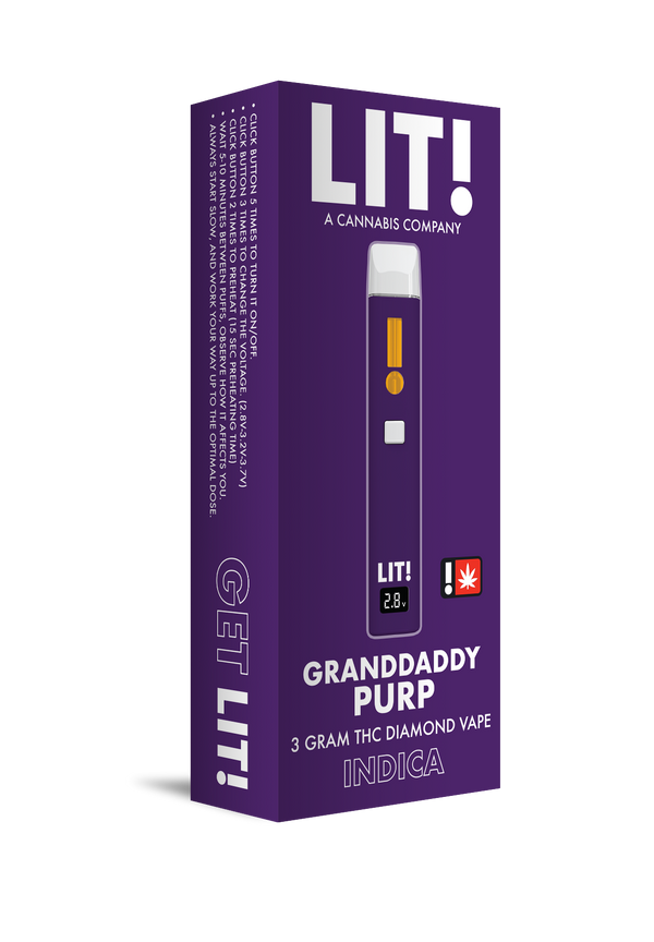 LIT! THC DIAMOND DISPOSABLE VAPE PEN,  3G GRANDDADDY PURP INDICA