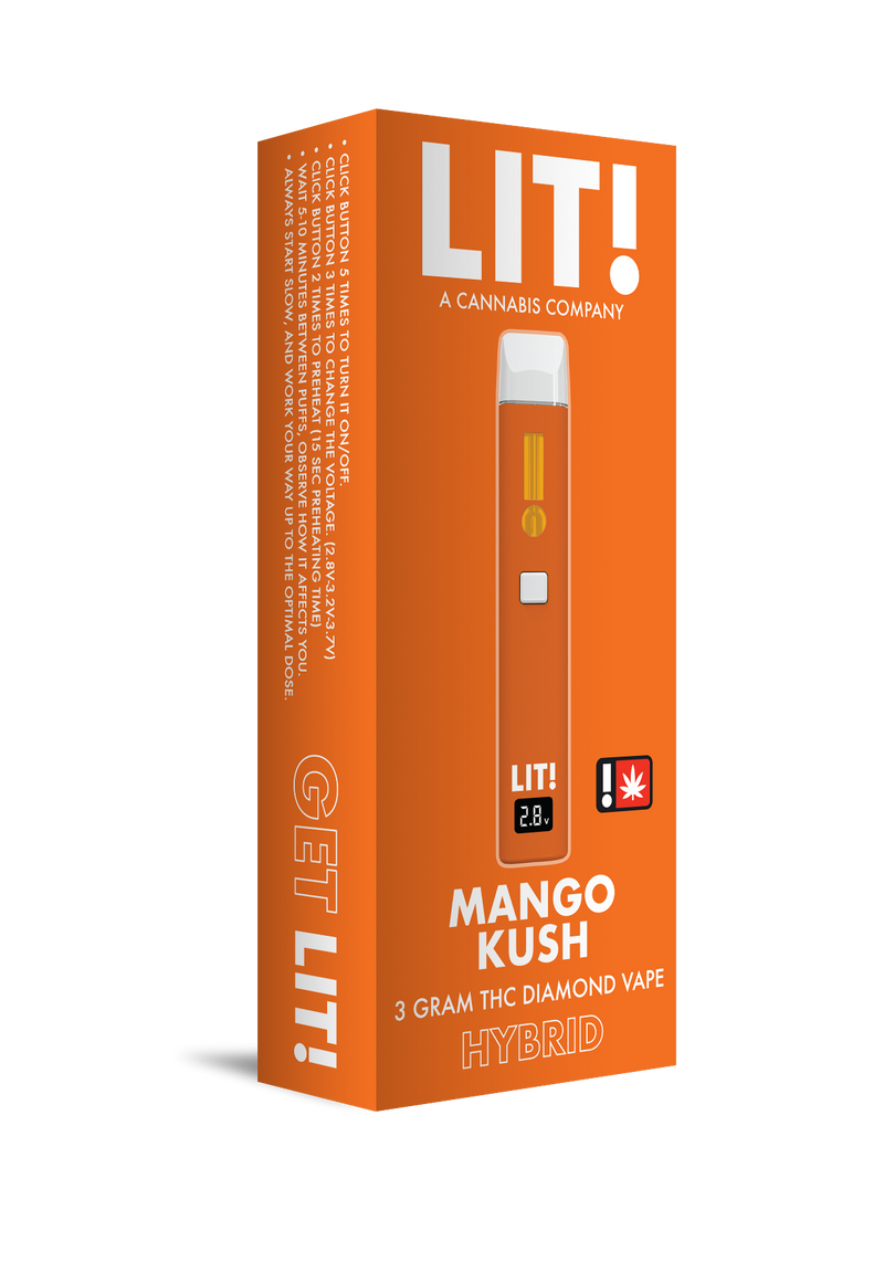 LIT! THC DIAMOND DISPOSABLE VAPE PEN,  3G MANGO KUSH HYBRID