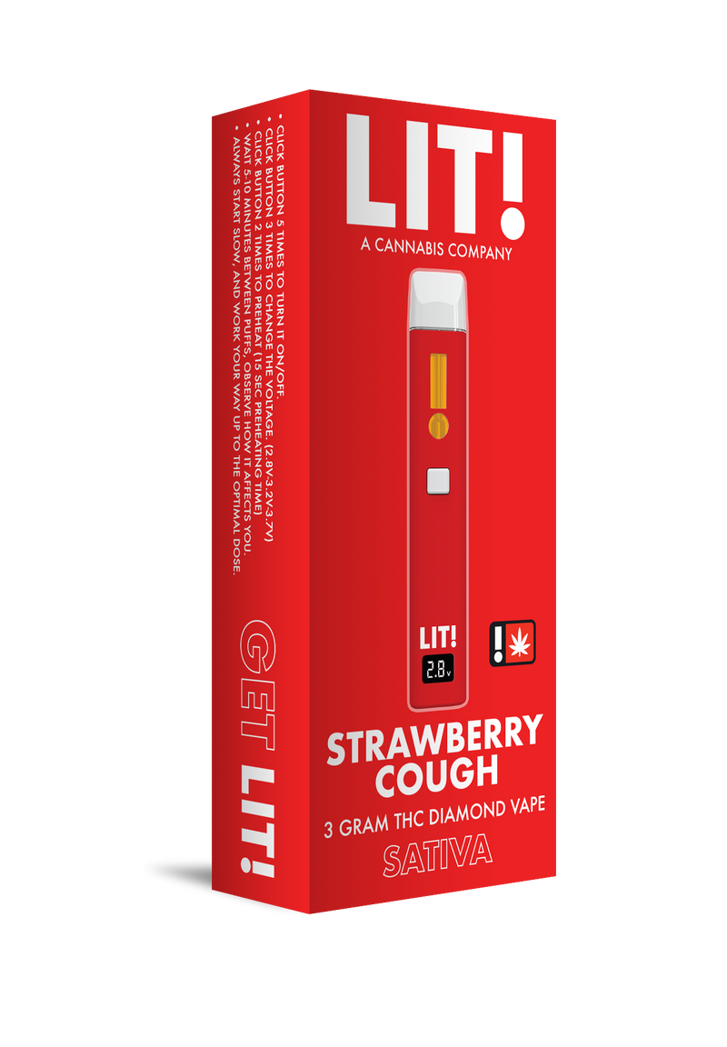 LIT! THC DIAMOND DISPOSABLE VAPE PEN,  3G STRAWBERRY COUGH SATIVA