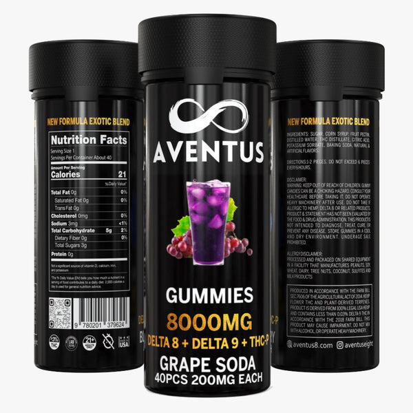 8000mg AVENTUS8 GUMMIES GRAPE SODA DELTA 8 + DELTA 9 + THC-P  STRONG EXOTIC BLEND