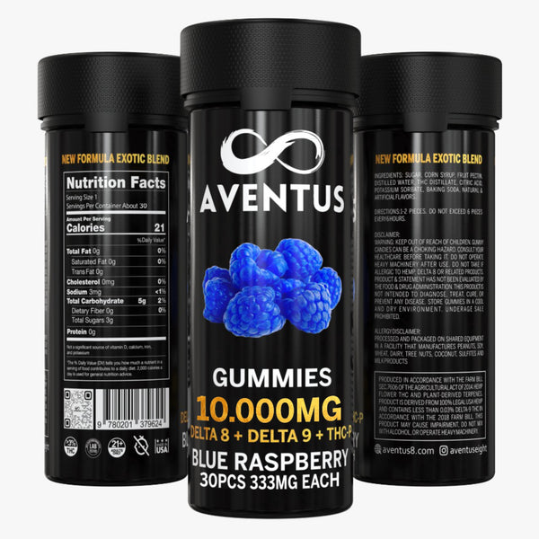 10.000mg AVENTUS8 GUMMIES BLUE RASPBERRY DELTA 8 + DELTA 9 + THC-P  STRONG EXOTIC BLEND