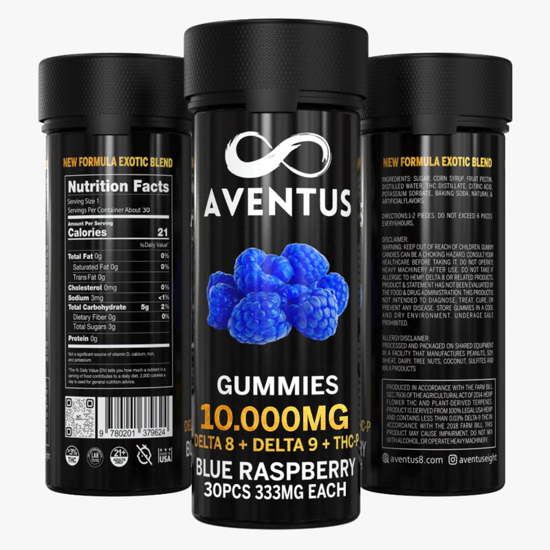 10.000mg AVENTUS8 GUMMIES BLUE RASPBERRY DELTA 8 + DELTA 9 + THC-P  STRONG EXOTIC BLEND