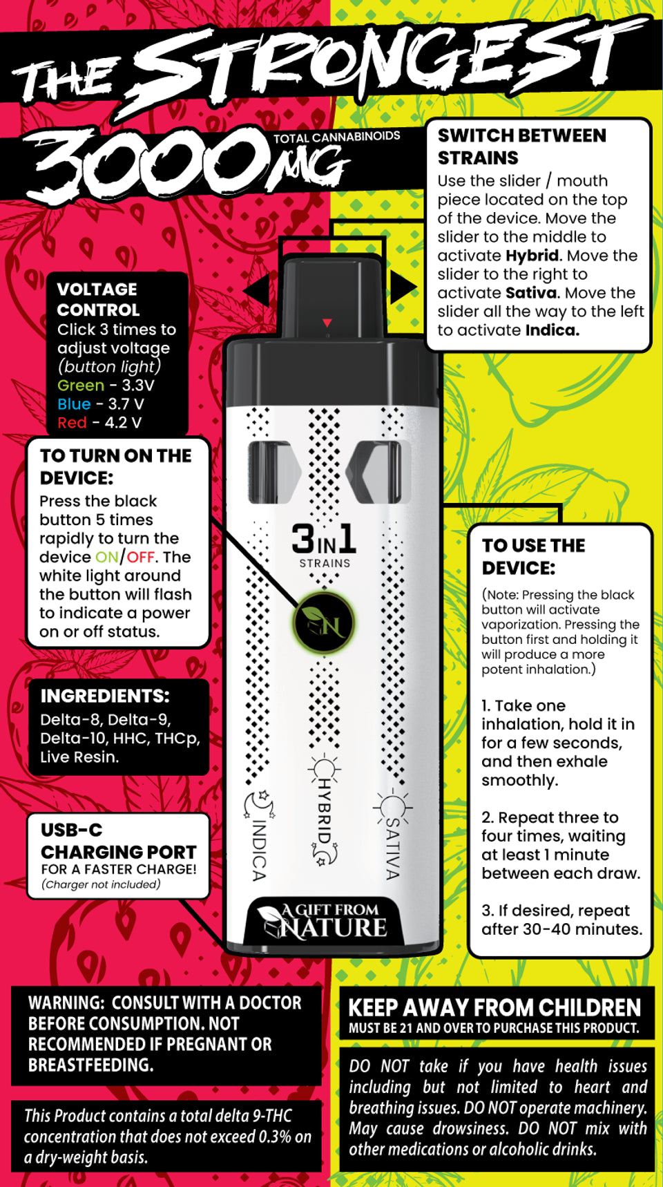 THE STRONGEST - SUPER BLEND THC 3000MG -LEMONADE/STRONGBERRY - 3IN1 - Sativa - Hybrid - Indica