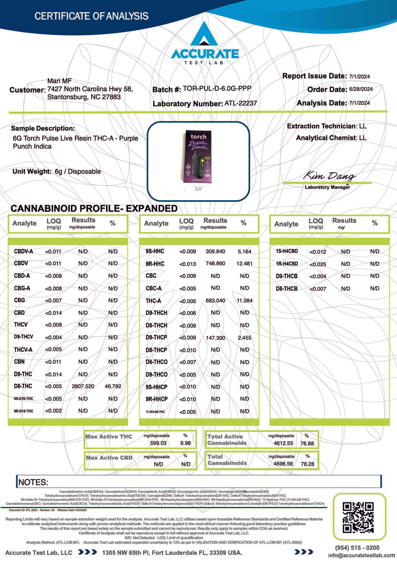 Torch Pulse Live Resin THC-A 6G Disposable Vape Purple Punch Indica