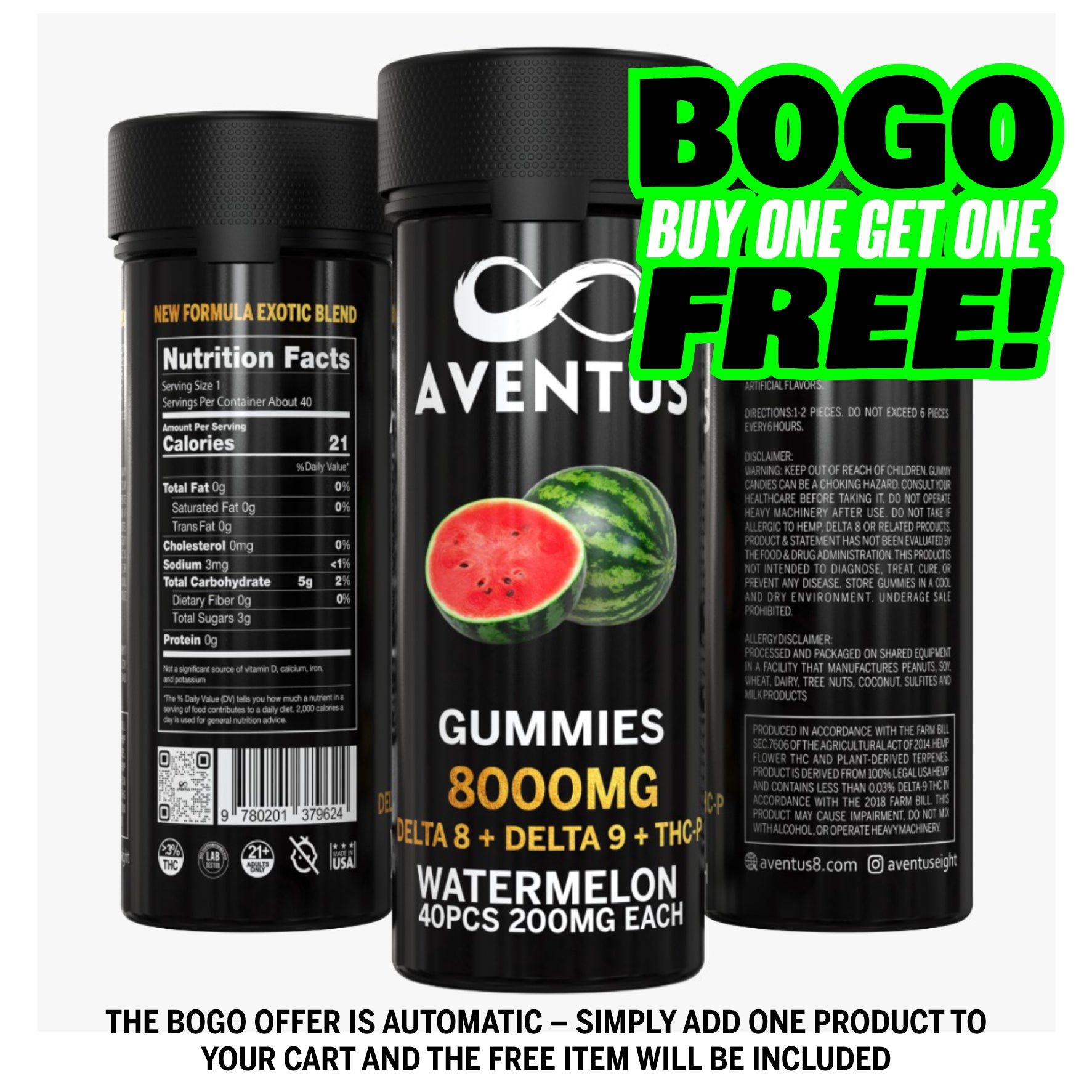8000mg AVENTUS8 GUMMIES WATERMELON DELTA 8 + DELTA 9 + THC-P  STRONG EXOTIC BLEND