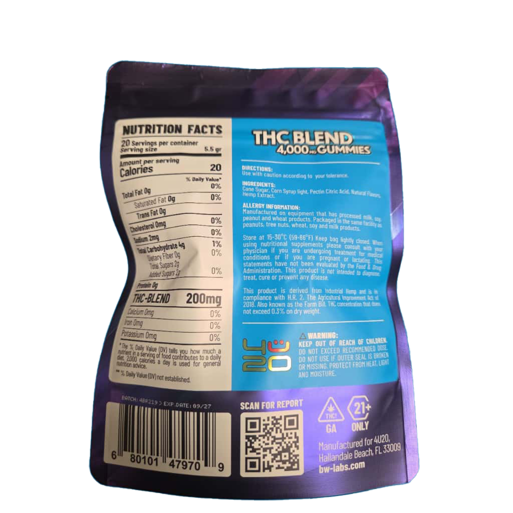 4U20 THC Blend Gummies – Blue Razz Indica | 200mg Each, 20ct