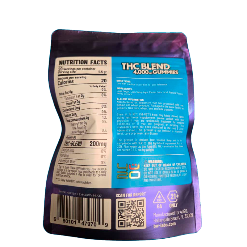 4U20 THC Blend Gummies – Blue Razz Indica | 200mg Each, 20ct