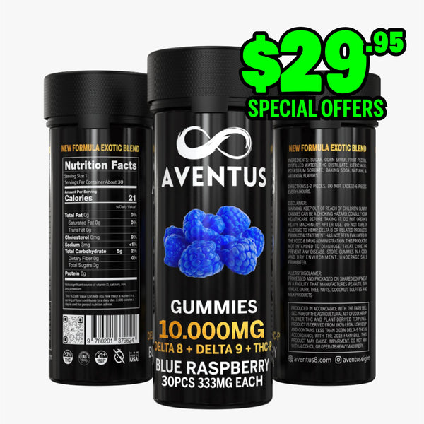 10000mg AVENTUS8 GUMMIES BLUE RASPBERRY DELTA 8 + DELTA 9 + THC-P  STRONG EXOTIC BLEND