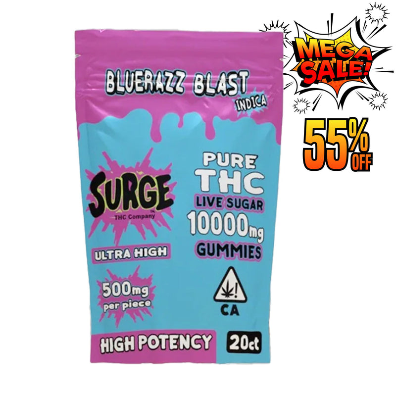 Surge Pure THC Live Sugar 10000mg Gummies Bluerazz Blast - Indica