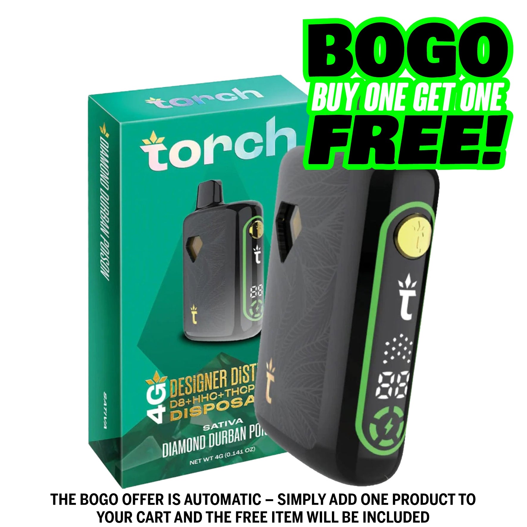BOGO  random flavor selection Torch 4g Designer Distillate Vape - Diamond Durban Poison - Sativa