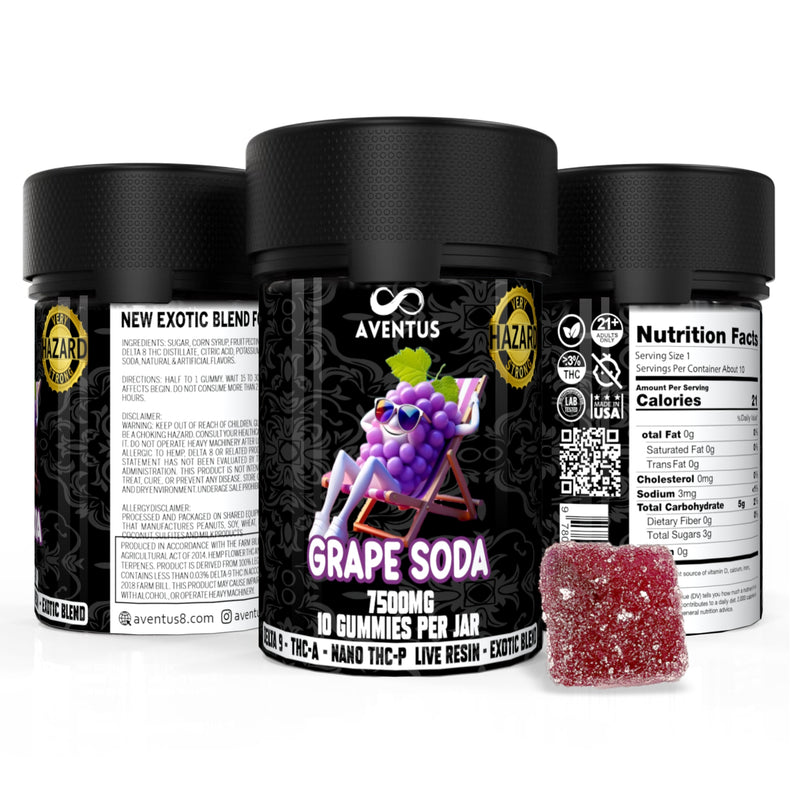 7500mg AVENTUS8 GUMMIES GRAPE SODA DELTA 9 + THC-A + NANO THC-P LIVE RESIN EXOTIC BLEND