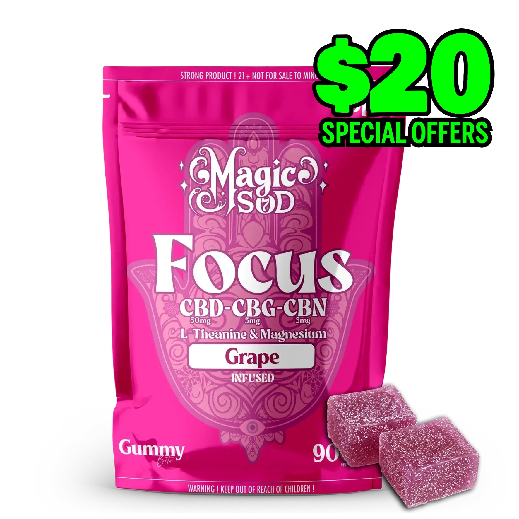 MAGICSOD Focus Grape Gummies infused with (CBD + CBG + CBN @ 300mg) + L-Theanine & Magnesium