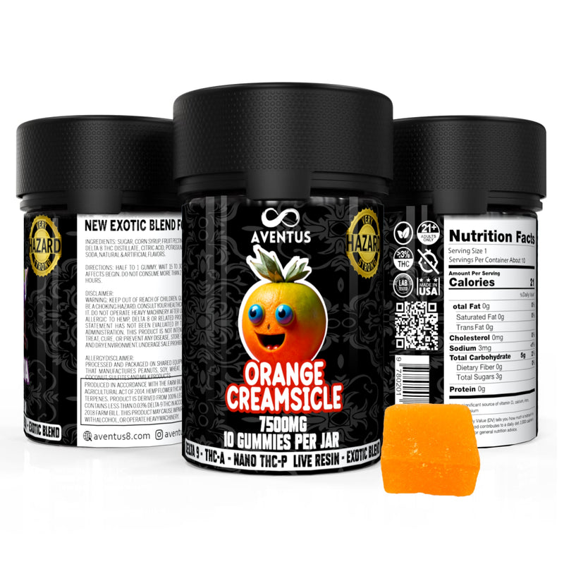 7500mg AVENTUS8 GUMMIES ORANGE CREAMSICLE DELTA 9 + THC-A + NANO THC-P LIVE RESIN EXOTIC BLEND