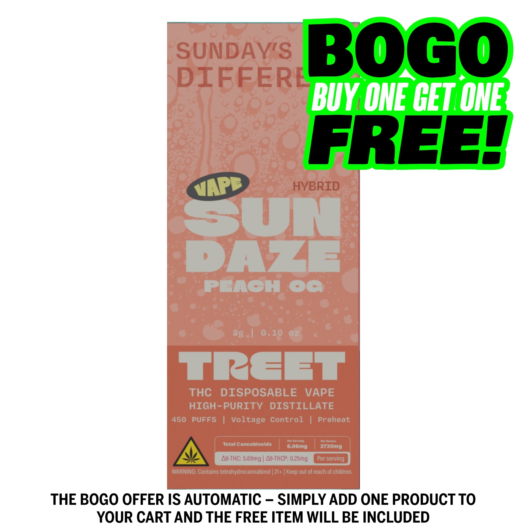 BOGO  TREET 3G THC DISPOSABLE VAPE - SUN DAZE  PEACH OG (HYBRID)