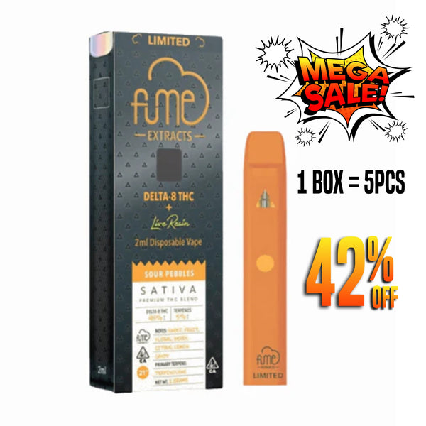 Box of 5 vapes Fume Extracts Limited Delta 8 Live Resin Disposable 2G - Sour Pebbles Sativa