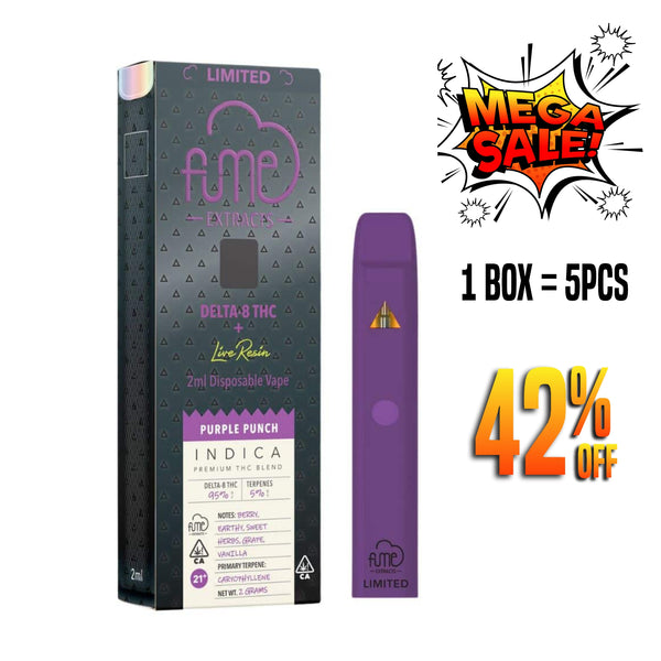 Box of 5 vapes Fume Extracts Limited Delta 8 Live Resin Disposable 2G - Purple Punch Indica